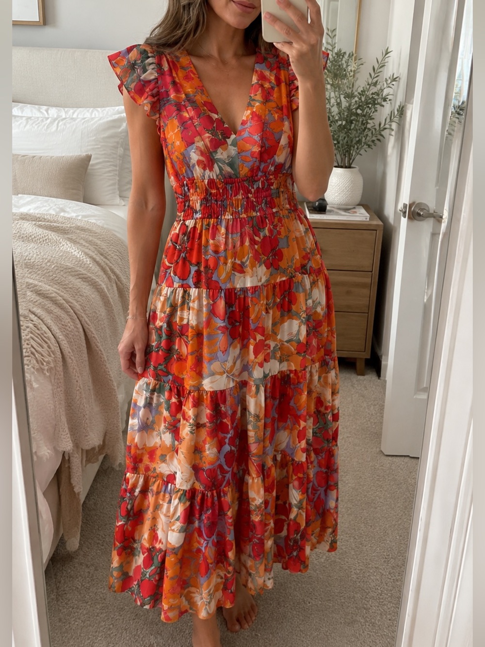 Vince Camuto Red Orange Floral Midi Dress